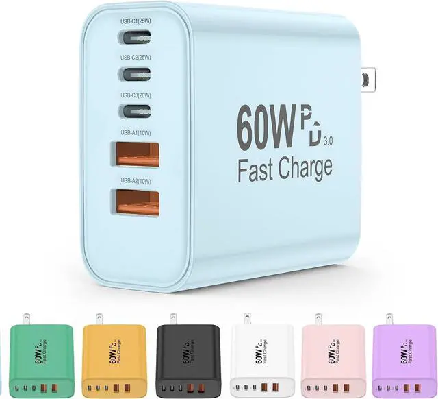 Main image of USB C Charger Block 60W 5 in 1 Charging Blocks PD 3.0 Fast Charger QC 2A Blue Wall Plug Multiport Type C Charging Block for iPhone 17 16 15 14 13 12 Pro Max iPad iPod