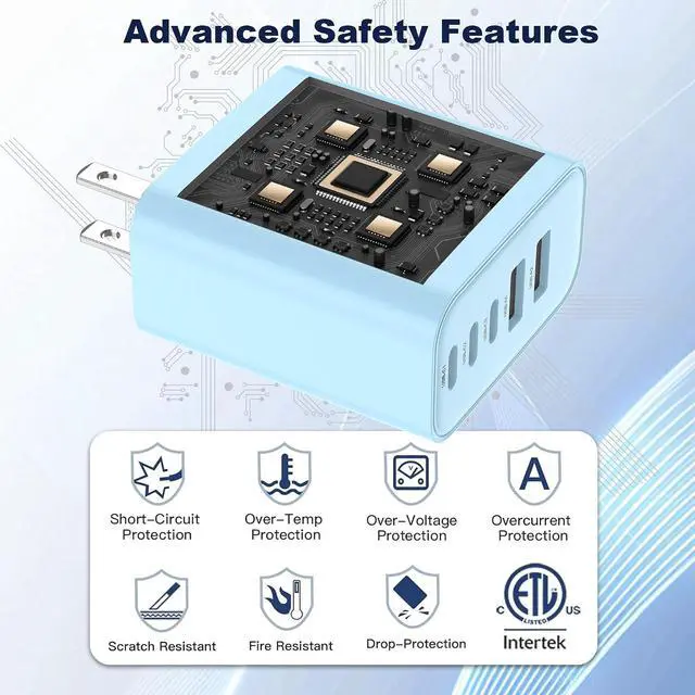 Alt view image 3 of 7 - USB C Charger Block 60W 5 in 1 Charging Blocks PD 3.0 Fast Charger QC 2A Blue Wall Plug Multiport Type C Charging Block for iPhone 17 16 15 14 13 12 Pro Max iPad iPod