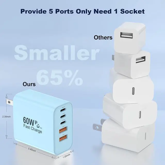 Alt view image 5 of 7 - USB C Charger Block 60W 5 in 1 Charging Blocks PD 3.0 Fast Charger QC 2A Blue Wall Plug Multiport Type C Charging Block for iPhone 17 16 15 14 13 12 Pro Max iPad iPod