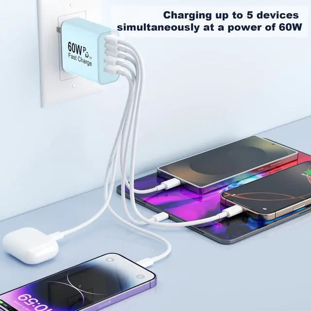 Alt view image 6 of 7 - USB C Charger Block 60W 5 in 1 Charging Blocks PD 3.0 Fast Charger QC 2A Blue Wall Plug Multiport Type C Charging Block for iPhone 17 16 15 14 13 12 Pro Max iPad iPod