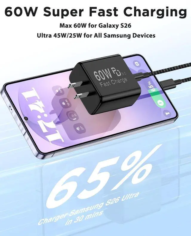 Alt view image 3 of 7 - 60W USB C Super Fast Charger for Galaxy S26 Ultra with 3-Pack Type C to USB C Braided Cables (3FT/6FT/10FT) Compatible with Galaxy S25 Ultra /S24/S23 Series Z Fold/Flip&Tablets