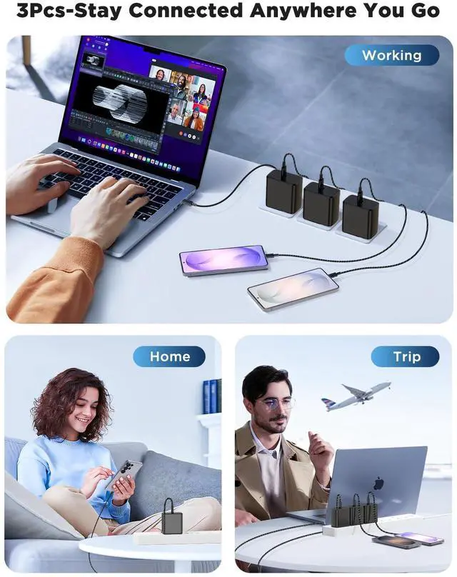 Alt view image 6 of 7 - 60W USB C Super Fast Charger for Galaxy S26 Ultra with 3-Pack Type C to USB C Braided Cables (3FT/6FT/10FT) Compatible with Galaxy S25 Ultra /S24/S23 Series Z Fold/Flip&Tablets