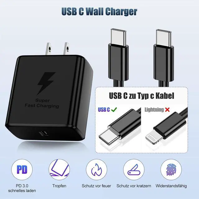Alt view image 3 of 7 - 2Pack 60W Super Fast Charger Type C 6ft USB C Wall Charging Block Plug and Long Android Phone Charger Cable Cord for Galaxy S26/S26 Plus/S25/S24 Ultra/S23+/S22/S21/Note 20/iPhone 17 16 15 Pro