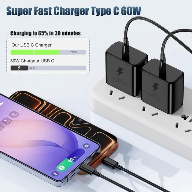 Alt view image 5 of 7 - 2Pack 60W Super Fast Charger Type C 6ft USB C Wall Charging Block Plug and Long Android Phone Charger Cable Cord for Galaxy S26/S26 Plus/S25/S24 Ultra/S23+/S22/S21/Note 20/iPhone 17 16 15 Pro