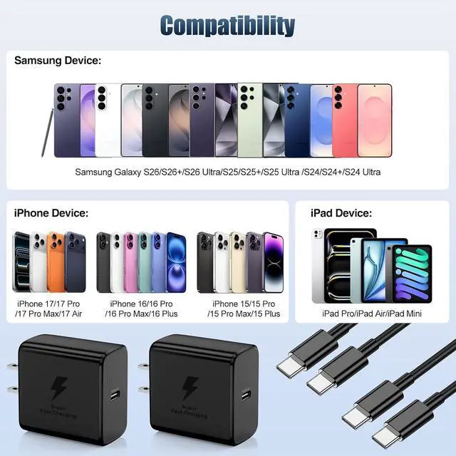 Alt view image 7 of 7 - 2Pack 60W Super Fast Charger Type C 6ft USB C Wall Charging Block Plug and Long Android Phone Charger Cable Cord for Galaxy S26/S26 Plus/S25/S24 Ultra/S23+/S22/S21/Note 20/iPhone 17 16 15 Pro
