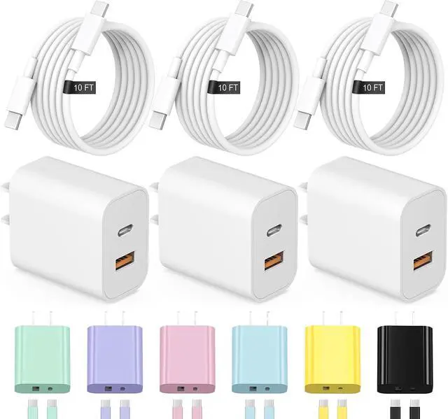 Main image of iPhone 17 16 15 Charger Fast Charging 10FT Long USB C Charger Cable with 20W Dual Port Block - Type C Charging Cable Compatible with iPhone 17/17 Pro/17 Pro Max/17 Air 16/16e 15 3 Pack (White)