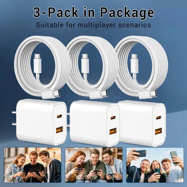Alt view image 6 of 7 - iPhone 17 16 15 Charger Fast Charging 10FT Long USB C Charger Cable with 20W Dual Port Block - Type C Charging Cable Compatible with iPhone 17/17 Pro/17 Pro Max/17 Air 16/16e 15 3 Pack (White)