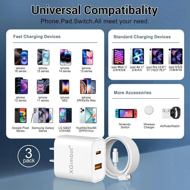 Alt view image 7 of 7 - iPhone 17 16 15 Charger Fast Charging 10FT Long USB C Charger Cable with 20W Dual Port Block - Type C Charging Cable Compatible with iPhone 17/17 Pro/17 Pro Max/17 Air 16/16e 15 3 Pack (White)