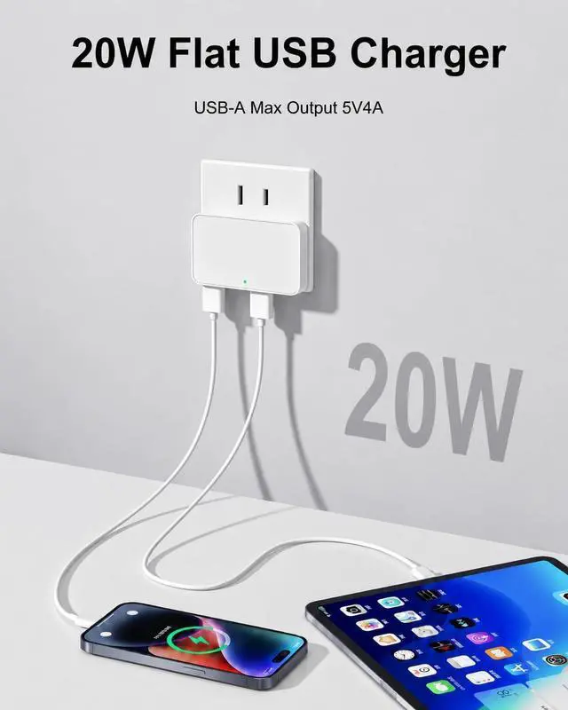 Alt view image 2 of 6 - 20W Flat USB Wall Charger 4 USB-A Ports Foldable Plug for Home & Travel | Slim & Compact Design for Travel Ultra-slim body fits behind sofas 4 USB-A ports share 5V/4A Thin Phone Charging Block
