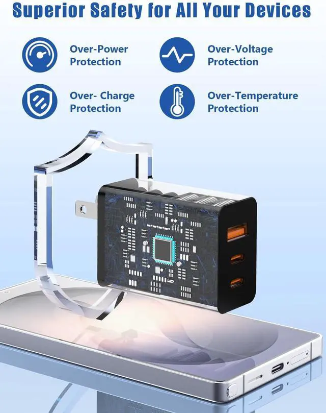 Alt view image 3 of 7 - 65W USB C Wall Charger for S26 Ultra 3 Port 100W PD Quick 3.0 Type C Charging with 3/6/10/10FT USB C Cable for Galaxy S26+/S25/S24/S23 Ultra/S22/S21/S20/Android Phones