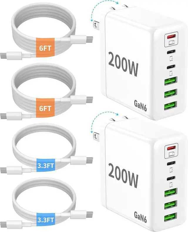 Main image of 2 Pack USB C Charger Block 200W GaN Super Fast Charger Type C iPhone 17 16 Fast Charging 6 Port Foldable PD Charging Station for All iPhone/Android Phone Galaxy S25/S24/MacBook iPad