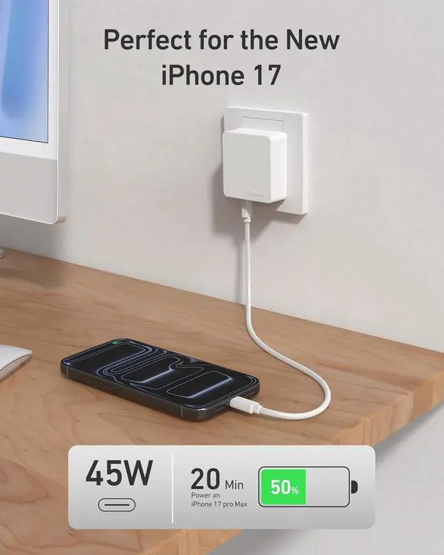 Alt view image 2 of 7 - Flat USB C Wall Charger 45W Dual Port PPS Fast USB Charger Block(1*USB-C & 1*USB-A) Slim USB C Wall Plug for iPhone 17/16 and More Series MacBook Air iPad