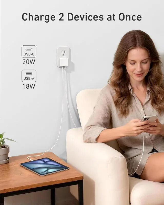 Alt view image 4 of 7 - Flat USB C Wall Charger 45W Dual Port PPS Fast USB Charger Block(1*USB-C & 1*USB-A) Slim USB C Wall Plug for iPhone 17/16 and More Series MacBook Air iPad