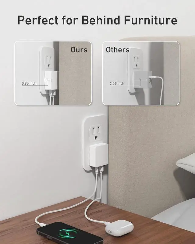 Alt view image 5 of 7 - Flat USB C Wall Charger 45W Dual Port PPS Fast USB Charger Block(1*USB-C & 1*USB-A) Slim USB C Wall Plug for iPhone 17/16 and More Series MacBook Air iPad