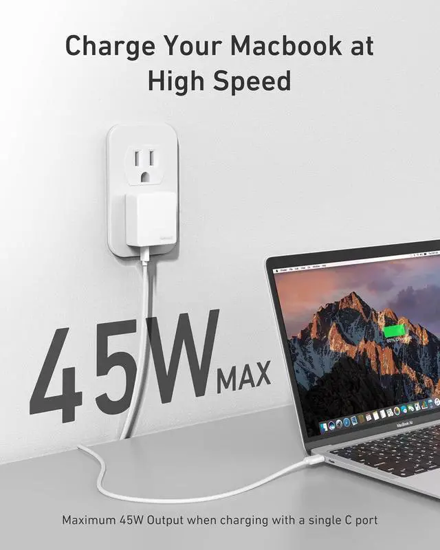 Alt view image 3 of 7 - Flat USB C Wall Charger 45W Dual Port PPS Fast USB Charger Block(1*USB-C & 1*USB-A) Slim USB C Wall Plug for iPhone 17/16 and More Series MacBook Air iPad