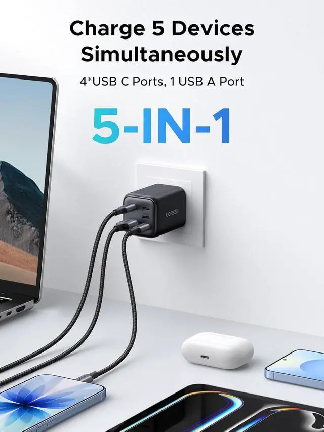 Alt view image 2 of 7 - 5-Port 45W USB C Charger Block PD/PPS/QC 45 Watt Fast Charging GaN Charger with 4 USB C Port for iPhone 17/16/15 Galaxy S26/S25/S24/S23 Pixel 10/9/8 iPad MacBook Neo/Air and More