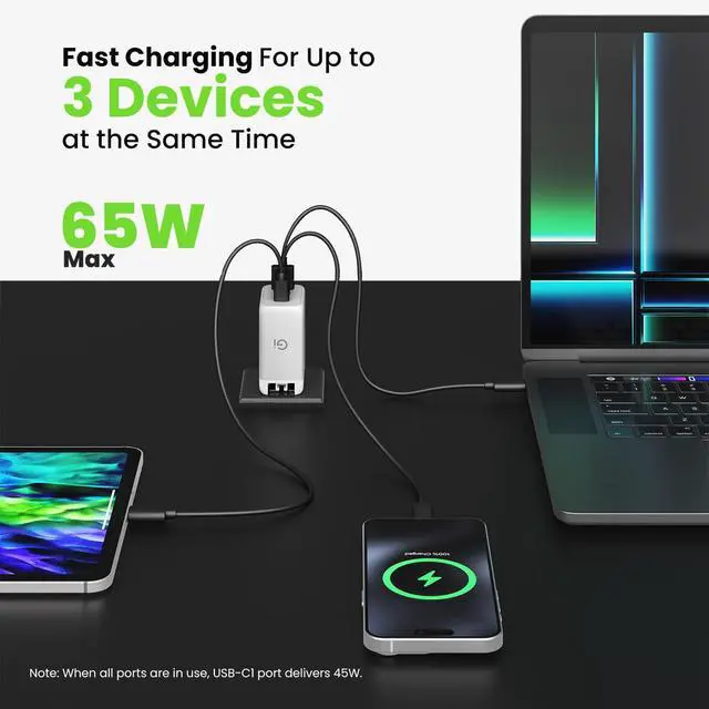 Alt view image 2 of 7 - USB C Charger Block 65W 3-Port Fast Charging Adapter Compact Foldable PD Charger Compatible with MacBook Pro/Air iPad iPhone 17/16/15/14 Galaxy S25/S20 Pixel and More