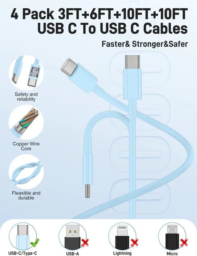 Alt view image 6 of 7 - Super Fast Charger Type C 2Pack 45W Dual Port USB C Fast Charger Block with Long 60W 3/6/10/10FT USB C to C Cable for Galaxy S25/S25 Ultra/S25+/S26/S24 Ultra /S24+/S23/iPhone 17- Blue