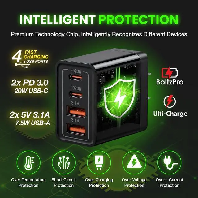 Alt view image 2 of 7 - Ulti Charger 4 Ports with Quick USBC Charger Boltz Pro Lightning Fast Charging Block for Smart Phones Tablets Devices with Multiple Ports | Wall Charge for Travel & Home (USB C x2 USB Ax2)