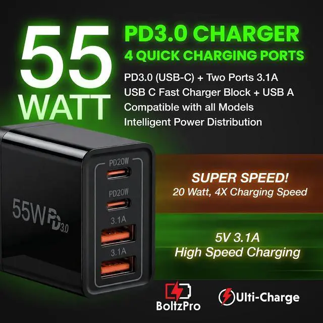 Alt view image 3 of 7 - Ulti Charger 4 Ports with Quick USBC Charger Boltz Pro Lightning Fast Charging Block for Smart Phones Tablets Devices with Multiple Ports | Wall Charge for Travel & Home (USB C x2 USB Ax2)