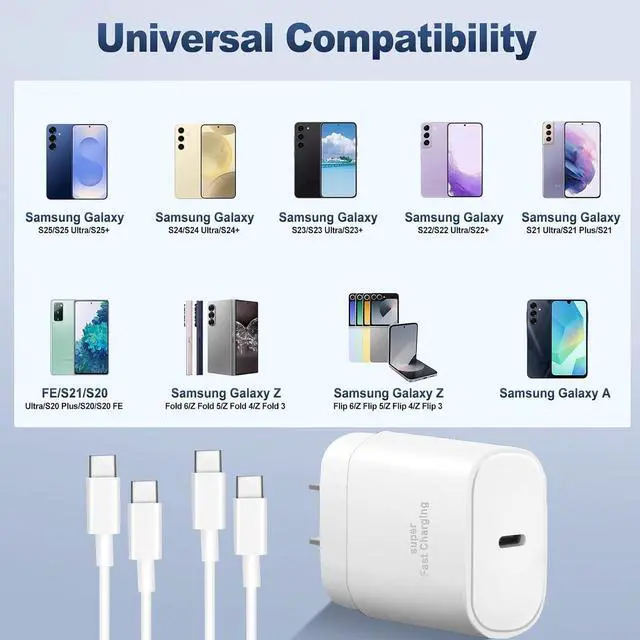 Alt view image 3 of 7 - Super Fast Charger 25W Charger Fast Charging Block 3Pack Quick Type C Android Phone Charger 10FT Extra Long USB C Charging Cord for Galaxy S26+/S26 Ultra/S25+/S24/S23/S22 FE/S21
