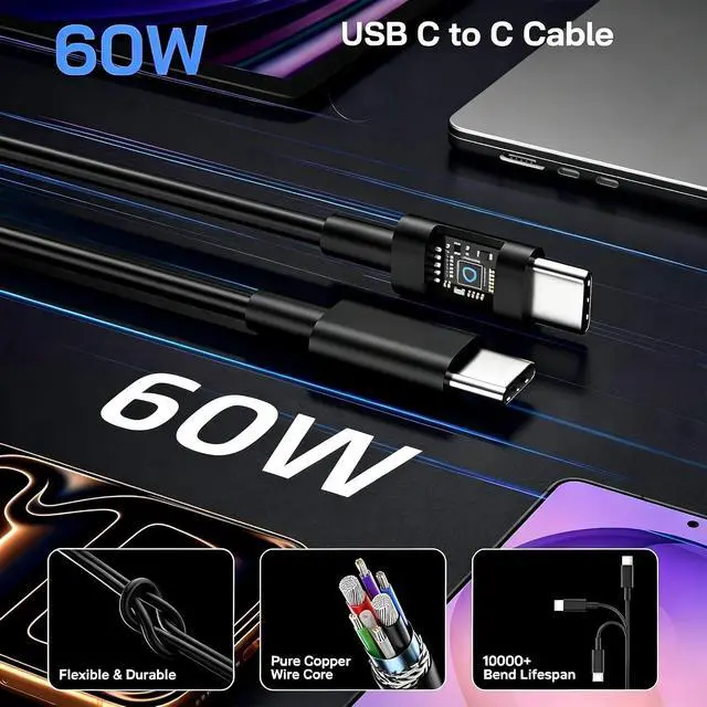 Alt view image 2 of 5 - 60W USB C Charger 2Pack 60 Watt Super Fast Charging Type-C Charger for Galaxy S26 Ultra S26+ S25 UltraS24 with 6FT/10FT/10FT USBC Cables Compatible with iPhone 17/16/15 Tab S9+ MacBook