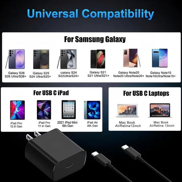 Alt view image 5 of 5 - 60W USB C Charger 2Pack 60 Watt Super Fast Charging Type-C Charger for Galaxy S26 Ultra S26+ S25 UltraS24 with 6FT/10FT/10FT USBC Cables Compatible with iPhone 17/16/15 Tab S9+ MacBook