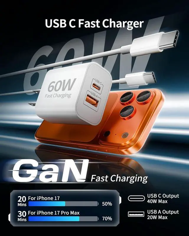 Alt view image 2 of 7 - iPhone 17 16 15 Charger 3-Pack 60W Fast USB C Charger Block Type C Chargers Super Fast Charging for iPhone 17/17 Pro/17 Pro Max/Air/16/16 Plus/16 Pro/15/15 Pro Max iPad with 6FT USB-C Cable Cord