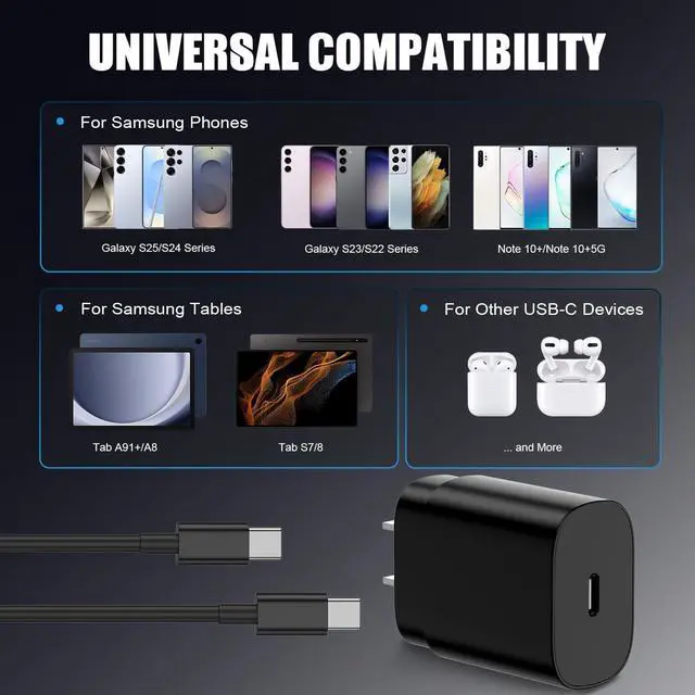 Alt view image 6 of 7 - Type C Charger Fast Charging for Galaxy S25 S24 S23 S22 Note 20 4Pack 25W Super USB C Fast Charger Block with (6ft+10ft) x2 Cables for iPhone 15/16 Pro Max/Plus Android Phones - Black