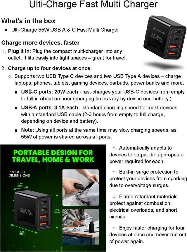 Alt view image 6 of 7 - Ulti Charger 4 Ports with Quick USBC Charger Boltz Pro Lightning Fast Charging Block for Smart Phones Tablets Devices with Multiple Ports | Wall Charge for Travel & Home (USB C x2 USB Ax2)