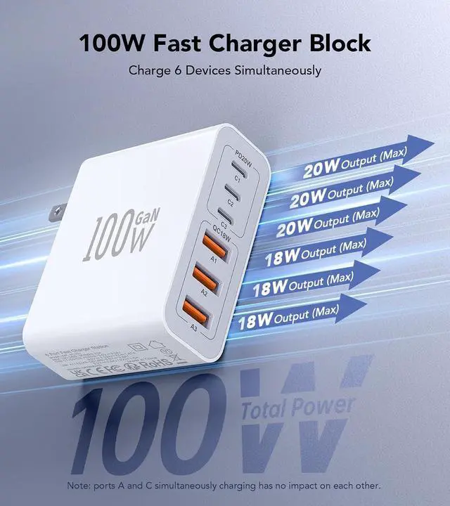 Alt view image 2 of 7 - USB C Wall Charger 100W 6-Port PD Fast USB C Charging Block 3USB C+3USB A Charging Station Hub Block Power Strip Adapter Plug Type C Cube Brick for iPhone 17/16/15/14/13/Pro Max iPad Tablet