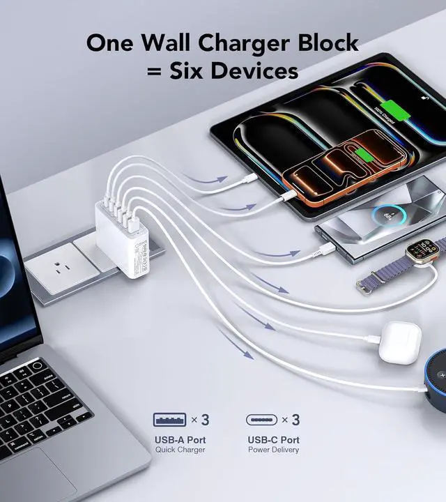 Alt view image 3 of 7 - USB C Wall Charger 100W 6-Port PD Fast USB C Charging Block 3USB C+3USB A Charging Station Hub Block Power Strip Adapter Plug Type C Cube Brick for iPhone 17/16/15/14/13/Pro Max iPad Tablet