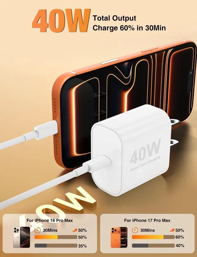 Alt view image 2 of 7 - 40W iPhone17/16 Pro Max Charger Fast Charging 2Pack USB C Fast Charger Block for iPhone 17/16 Pro Max/15 Series/iPad Pro and More PD 3.0 Wall Charger with 6FT+10FT USB C to C Cable