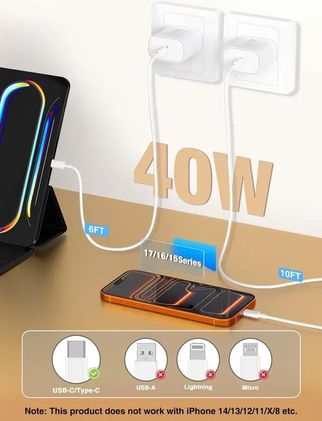 Alt view image 5 of 7 - 40W iPhone17/16 Pro Max Charger Fast Charging 2Pack USB C Fast Charger Block for iPhone 17/16 Pro Max/15 Series/iPad Pro and More PD 3.0 Wall Charger with 6FT+10FT USB C to C Cable