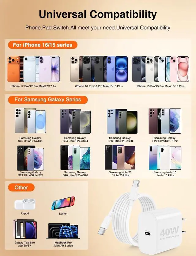 Alt view image 7 of 7 - 40W iPhone17/16 Pro Max Charger Fast Charging 2Pack USB C Fast Charger Block for iPhone 17/16 Pro Max/15 Series/iPad Pro and More PD 3.0 Wall Charger with 6FT+10FT USB C to C Cable