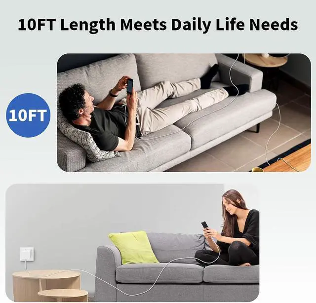 Alt view image 4 of 7 - 10 FT Braided Long USB C Cable Cord 1-Pack 40W iPhone 17 Charger with 60W Max Foldable Plug iPhone Charger Fast Charging Compatible with i Phone 17/17 Pro/16 Pro/16/16 e/16 Plus/15/iPad Air/MacBook