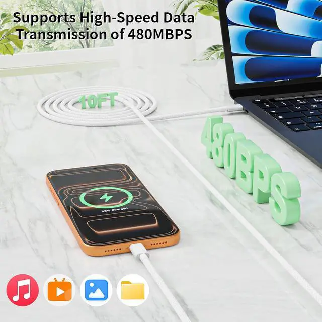 Alt view image 6 of 7 - 10 FT Braided Long USB C Cable Cord 1-Pack 40W iPhone 17 Charger with 60W Max Foldable Plug iPhone Charger Fast Charging Compatible with i Phone 17/17 Pro/16 Pro/16/16 e/16 Plus/15/iPad Air/MacBook