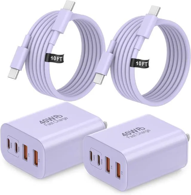 Main image of 40W USB C Charger Block Type C Charger Fast Charging iPhone 17 16 15 Charger 2-Pack 4-Port Charging Block with 10FT Multiport Power Block for iPhone Air/iPhone17/16/15 Pro Max/iPad/(Purple)