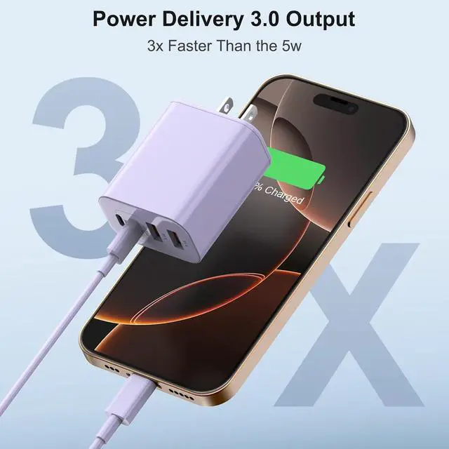 Alt view image 2 of 7 - 40W USB C Charger Block Type C Charger Fast Charging iPhone 17 16 15 Charger 2-Pack 4-Port Charging Block with 10FT Multiport Power Block for iPhone Air/iPhone17/16/15 Pro Max/iPad/(Purple)