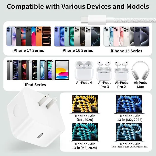 Alt view image 7 of 7 - 10 FT Braided Long USB C Cable Cord 1-Pack 40W iPhone 17 Charger with 60W Max Foldable Plug iPhone Charger Fast Charging Compatible with i Phone 17/17 Pro/16 Pro/16/16 e/16 Plus/15/iPad Air/MacBook