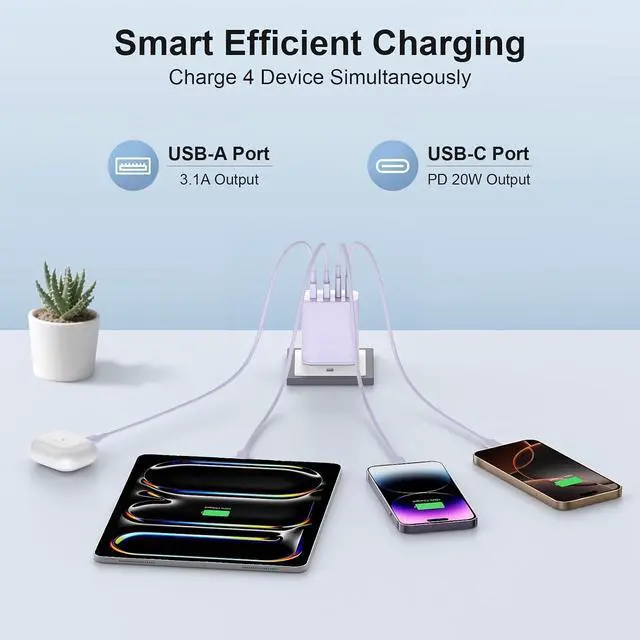 Alt view image 6 of 7 - 40W USB C Charger Block Type C Charger Fast Charging iPhone 17 16 15 Charger 2-Pack 4-Port Charging Block with 10FT Multiport Power Block for iPhone Air/iPhone17/16/15 Pro Max/iPad/(Purple)