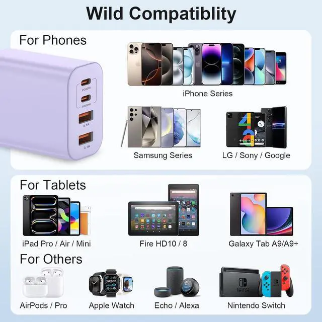 Alt view image 7 of 7 - 40W USB C Charger Block Type C Charger Fast Charging iPhone 17 16 15 Charger 2-Pack 4-Port Charging Block with 10FT Multiport Power Block for iPhone Air/iPhone17/16/15 Pro Max/iPad/(Purple)