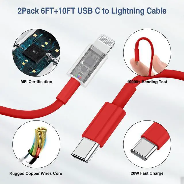 Alt view image 4 of 7 - Fast Charger for iPhone 14 13 12 Charge Fast Charging 2Pack 6FT+10FT USB C to L Cable with 20W USB C for i Phone Charger Block Compatible with iPhone 14 13 12 Pro/14 Plus/13 Pro Max - Red