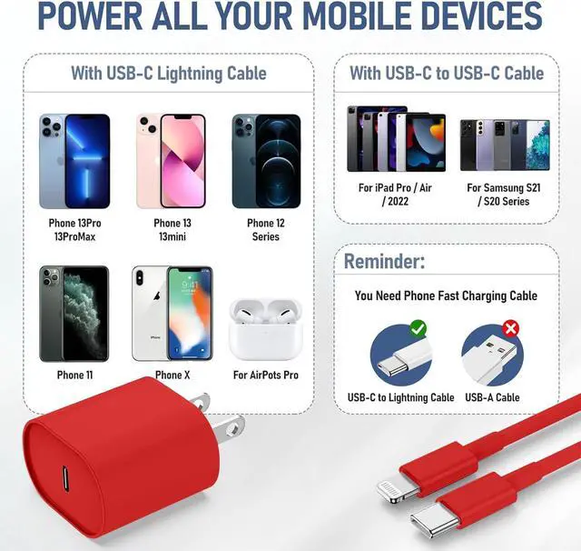 Alt view image 5 of 7 - Fast Charger for iPhone 14 13 12 Charge Fast Charging 2Pack 6FT+10FT USB C to L Cable with 20W USB C for i Phone Charger Block Compatible with iPhone 14 13 12 Pro/14 Plus/13 Pro Max - Red