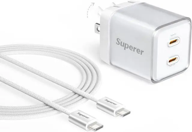 Main image of 45W Fast Charging Charger for Google Pixel 10/10 Pro/10 Pro XL/9/9 Pro/9 Pro XL/9a/10a/Fold Full Speed Same as Original Phone USB-C PPS Dual Port Compact GaN Foldable 6.6FT Braided Cable