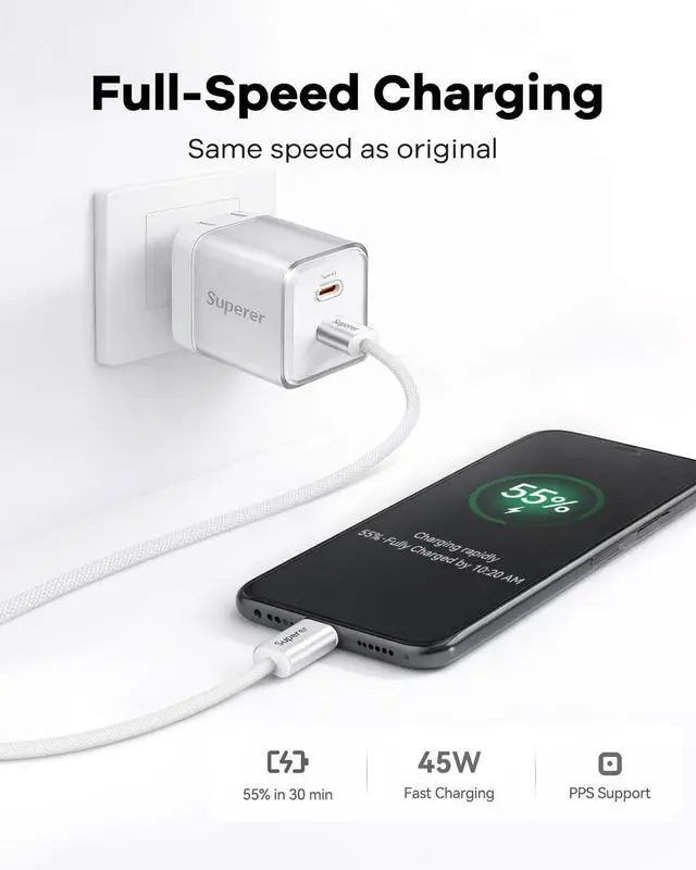 Alt view image 2 of 7 - 45W Fast Charging Charger for Google Pixel 10/10 Pro/10 Pro XL/9/9 Pro/9 Pro XL/9a/10a/Fold Full Speed Same as Original Phone USB-C PPS Dual Port Compact GaN Foldable 6.6FT Braided Cable