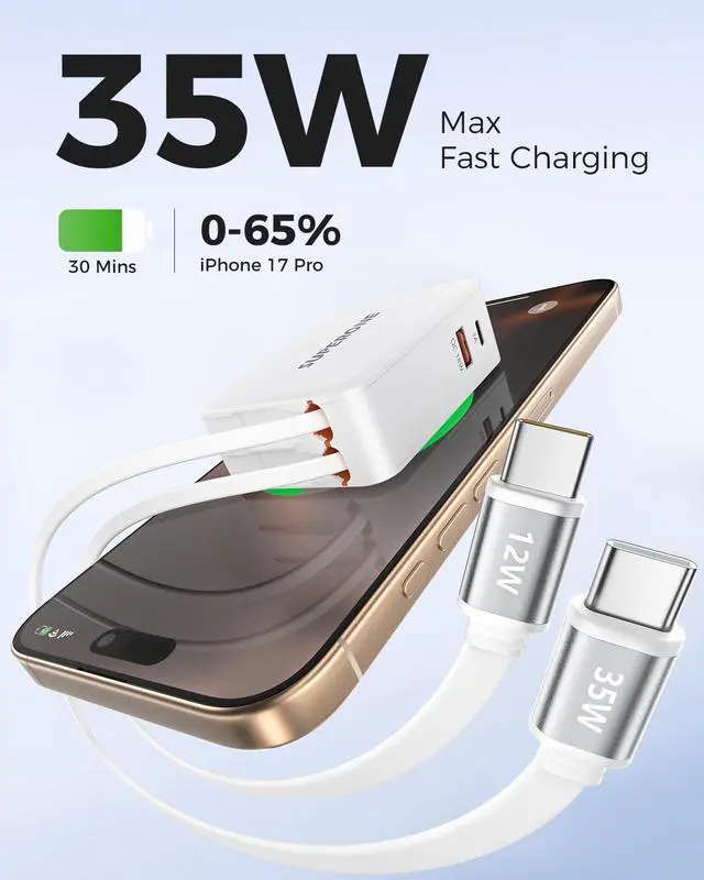 Alt view image 4 of 7 - 2026 Upgrade4 in 1 Retractable Wall Charger Plug with Dual USB C Cables 3.3FT (Longest Retractable) 35W Fast Charging Retractable Phone Charger for iPhone 17/16/15 iPad Galaxy Pixel Tablet