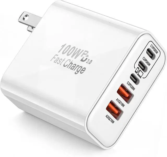 Main image of 100W GaN USB C Charger Block 5-Port Type C Wall Charger Fast Charging PD Power Adapter+QC Plug Multiport Type C Box Brick Cube Compatible with iPhone 17 Air 16 15 14 13 12 Pro Max MacBook iPad