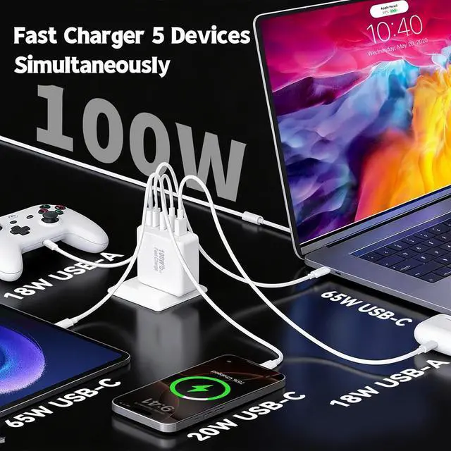 Alt view image 2 of 7 - 100W GaN USB C Charger Block 5-Port Type C Wall Charger Fast Charging PD Power Adapter+QC Plug Multiport Type C Box Brick Cube Compatible with iPhone 17 Air 16 15 14 13 12 Pro Max MacBook iPad