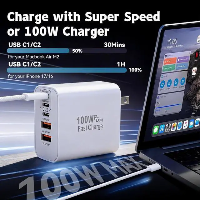 Alt view image 3 of 7 - 100W GaN USB C Charger Block 5-Port Type C Wall Charger Fast Charging PD Power Adapter+QC Plug Multiport Type C Box Brick Cube Compatible with iPhone 17 Air 16 15 14 13 12 Pro Max MacBook iPad
